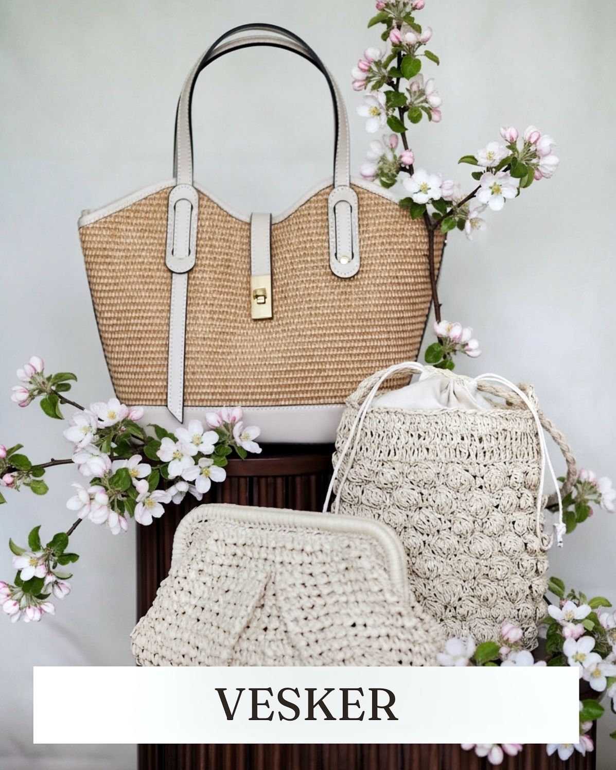 vesker, skinnveske, semsket skinnveske, bøtteveske, tote veske, shopping veske, håndveske, rafia veske